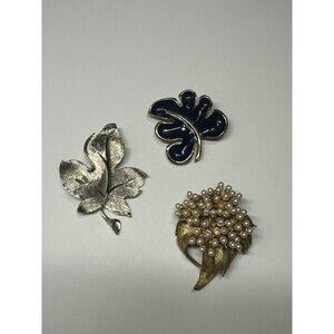 Vintage Leaf Brooch Lot 3 pcs BSK and Unmarked Mixed Metal Autumn Pins Pearls